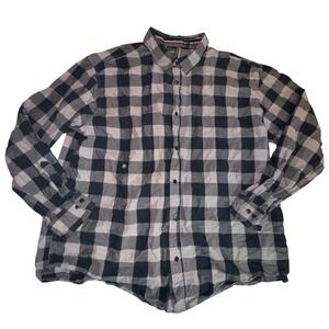 Six Lincoln Navy Blue‎ Gray Checkered Button Up Shirt Mens 3XL Long Sleeve Plaid